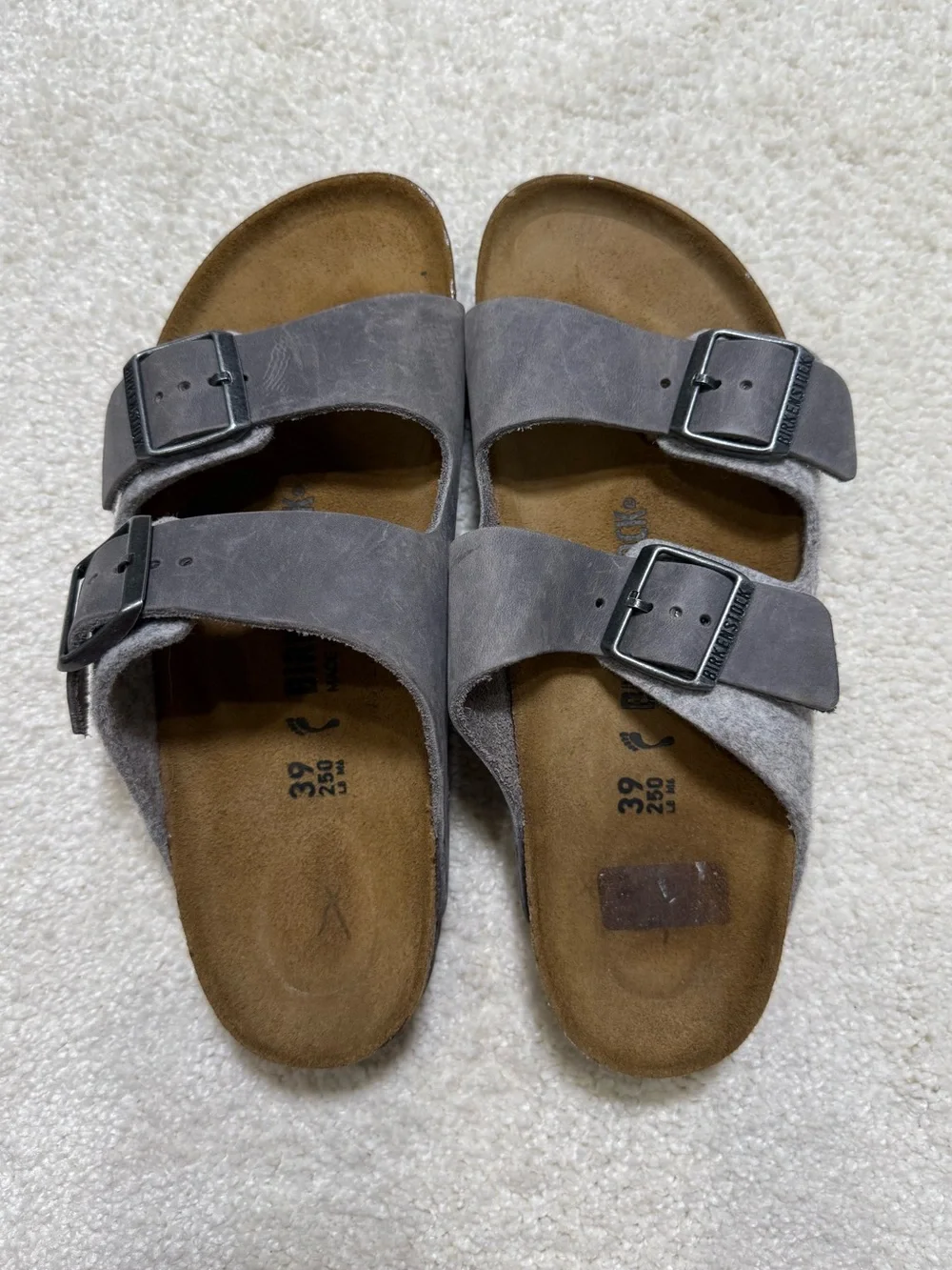 Birkenstock Arizona Two Strap Sandal Iron Oiled Leather Light Gray Wool EU 39